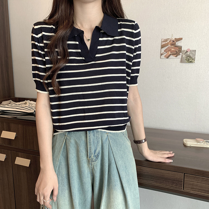 ★襟付きで上品カジュアル♪ボーダーニットトップスでこなれ女子コーデ完成★